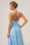 Sparkly V-Neck Pleated Light Blue Long Bridesmaid Dress with Embroidery