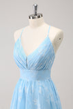 Sparkly Light Blue V-Neck Pleated Bridesmaid Dress with Embroidery