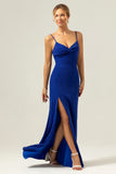 Sparkly Dark Blue Mermaid Twist Front Bridesmaid Dress with Slit