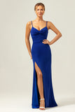 Sparkly Dark Blue Mermaid Twist Front Bridesmaid Dress with Slit