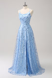 Sparkly Blue Spaghetti Straps Sequins Lace Up Back Prom Dress with Slit