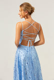 Sparkly Blue A Line Spaghetti Straps Sequins Lace Up Back Prom Dress with Slit