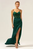 Dark Green Mermaid Spaghetti Straps Satin Long Bridesmaid Dress with Slit