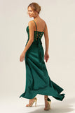 Dark Green Mermaid Spaghetti Straps Satin Long Bridesmaid Dress with Slit