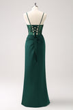 Dark Green Mermaid Spaghetti Straps Satin Long Bridesmaid Dress with Slit