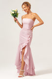 Pink Sheath Strapless Asymmetrical Ruffled Bridesmaid Dress