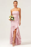 Pink Strapless Asymmetrical Ruffled Bridesmaid Dress