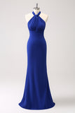 Glitter Blue Halter Mermaid Long Bridesmaid Dress