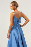 Blue A Line Spaghetti Straps Corset Satin Long Bridesmaid Dress with Slit