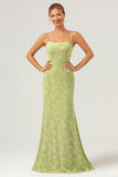 Green Mermaid Spaghetti Straps Embroidered Bridesmaid Dress with Lace Up Back