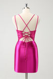 Fuchsia Bodycon Spaghetti Straps Beaded Satin Short Homecoming Dress