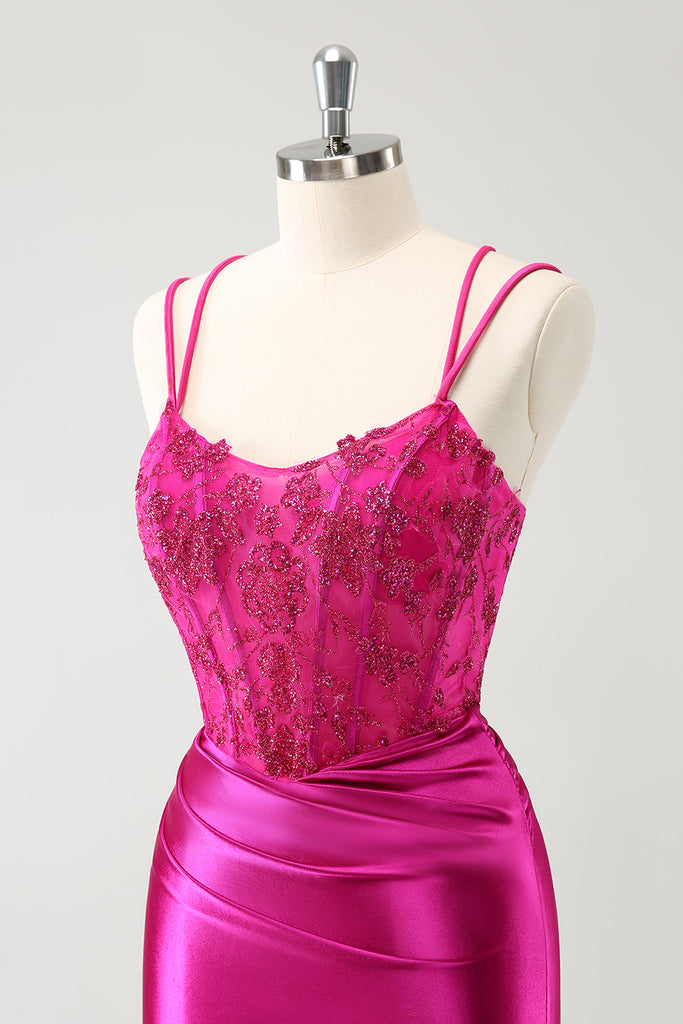 Sparkly Fuchsia Beaded Corset Spaghetti Straps Tight Homecoming Dress main image 0