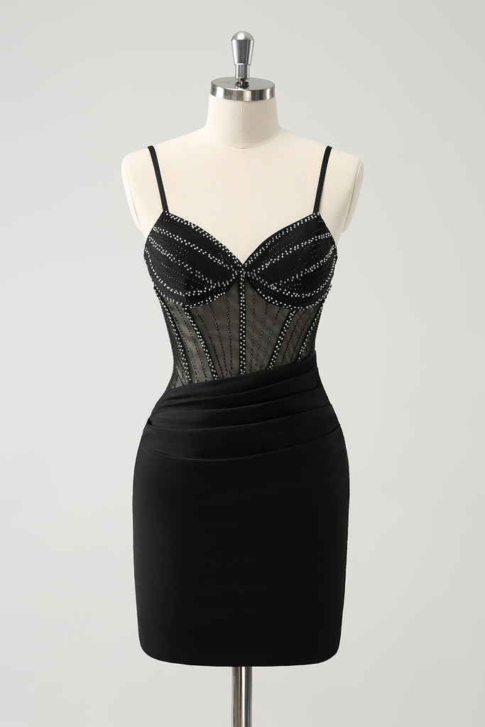 Straps Short Black Beading Appliques Homecoming Dress