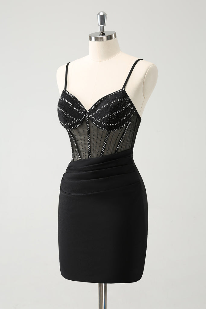 Sexy Spaghetti Straps Lace Satin Black Cocktail Dress Short Homecoming Dress Y9958 main image 1