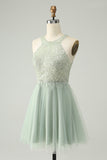 Dusty Green Halter Sequins A Line Homecoming Dress