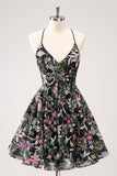 Sparkly Black A Line Floral Short Homecoming Dress with Sequins