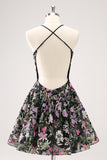 Sparkly Black A Line Floral Short Homecoming Dress with Sequins