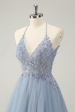 Sparkly Dusty Blue A Line Halter Homecoming Dress with Appliques