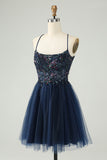 Glitter Navy A-Line Sequined Tulle Homecoming Dress