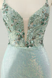 Glitter Dusty Green Tight Sequins V Neck Homecoming Dress