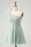 Cute Dusty Sage A Line One Shoulder Tulle Homecoming Dress with Appliques