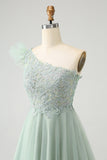 Cute Dusty Sage A Line One Shoulder Tulle Homecoming Dress with Appliques
