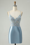 Glitter Dusty Blue Beaded Floral Tight Satin Homecoming Dress