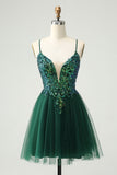 Glitter Dark Green A-Line Sequined Appliques V Neck Homecoming Dress