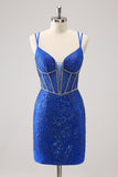 Sparkly Royal Blue Spaghetti Straps Corset Tight Homecoming Dress with Sequins