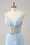 Sparkly Royal Blue Spaghetti Straps Corset Tight Homecoming Dress with Sequins