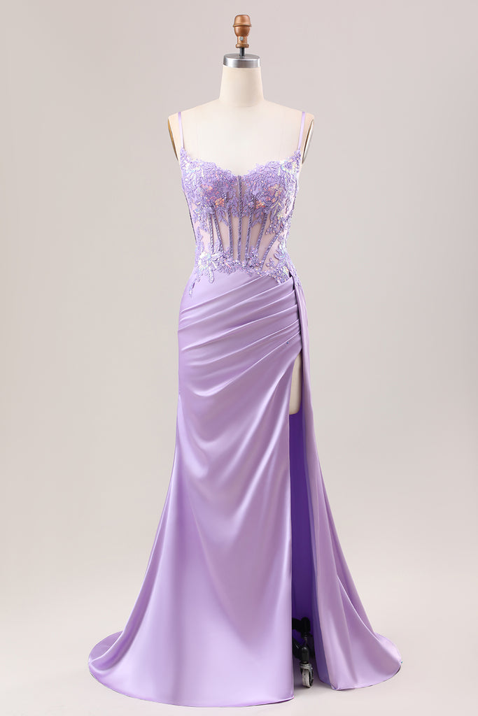 Waist Pleated Mermaid Stretch Satin Dress Lilac