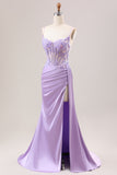 Stylish Lilac Mermaid Pleated Sequin Corset Long Prom Dress With Slit