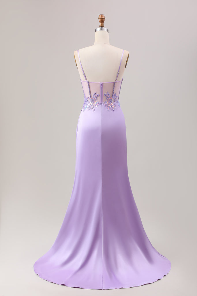 Mermaid Lace-Up Back Lilac Sequins Ball Dress with Slit
