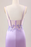 Stylish Lilac Mermaid Pleated Sequin Corset Long Prom Dress With Slit