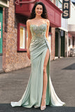 Stylish Lilac Mermaid Pleated Sequin Corset Long Prom Dress With Slit