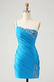 Blue Bodycon One Shoulder Ruched Satin Homecoming Dress with Sequins