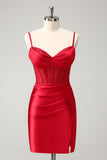 Stylish Red Bodycon Spaghetti Straps Corset Satin Homecoming Dress with Slit