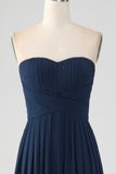 Navy A Line Sweetheart Pleated Long Bridesmaid Dress