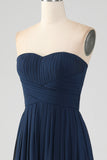 Navy A Line Sweetheart Pleated Long Bridesmaid Dress