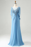 Saprkly Blue Mermaid Beaded Appliques Mother of Bride Dress with Shawl