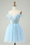 Light Blue A Line Off The Shoulder Corset Short Homecoming Dress