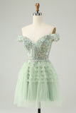 Sparkly Light Green A Line Off The Shoulder Corset Tulle Homecoming Dress