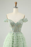 Sparkly Light Green A Line Off The Shoulder Corset Tulle Homecoming Dress