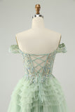 Sparkly Light Green A Line Off The Shoulder Corset Tulle Homecoming Dress