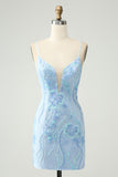 Light Blue Spaghetti Straps Tight Short Homecoming Dress with Sequins