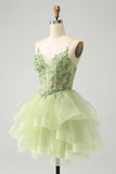 Light Green A-Line Tulle Tiered Homecoming Dress with Appliques