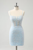 Light Blue Bodycon Spaghetti Straps Corset Homceoming Dress with Sequins