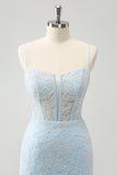 Light Blue Bodycon Spaghetti Straps Corset Homceoming Dress with Sequins