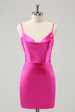 Simple Fuchsia Cowl Neck Backless Tight Short Homecoming Dress