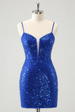 Sparkly Royal Blue Corset Tight Short Homecoming Dress with Sequins